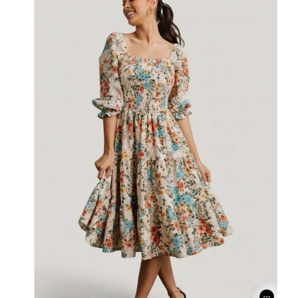 Baltic Born Marta Smocked Tiered Skirt Easter Summer Floral Midi Dress S